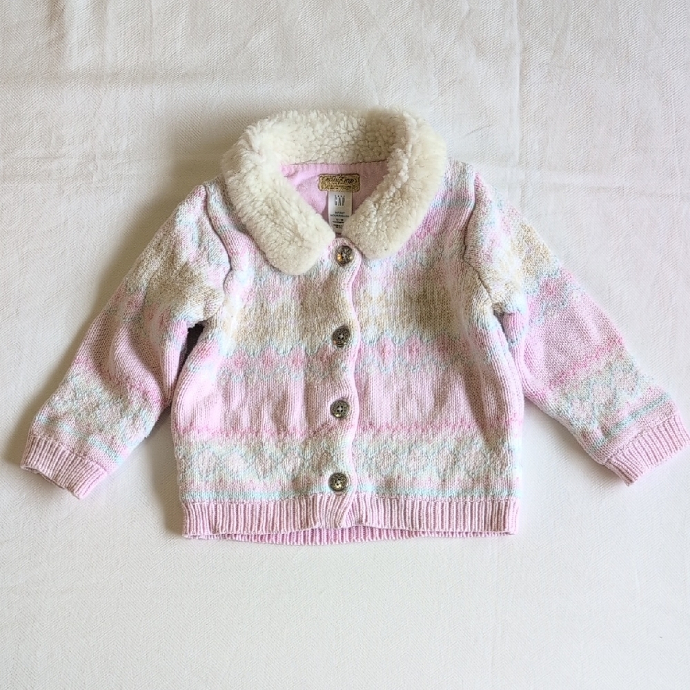 vintage Y2K babyGap fair isle faux fur collar knit cardigan sweater 12-18 months